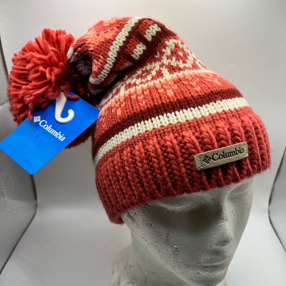Columbia Knit Beanie Hat Pom Multi Color, Coral, Cream Unisex Adult One Size NWT